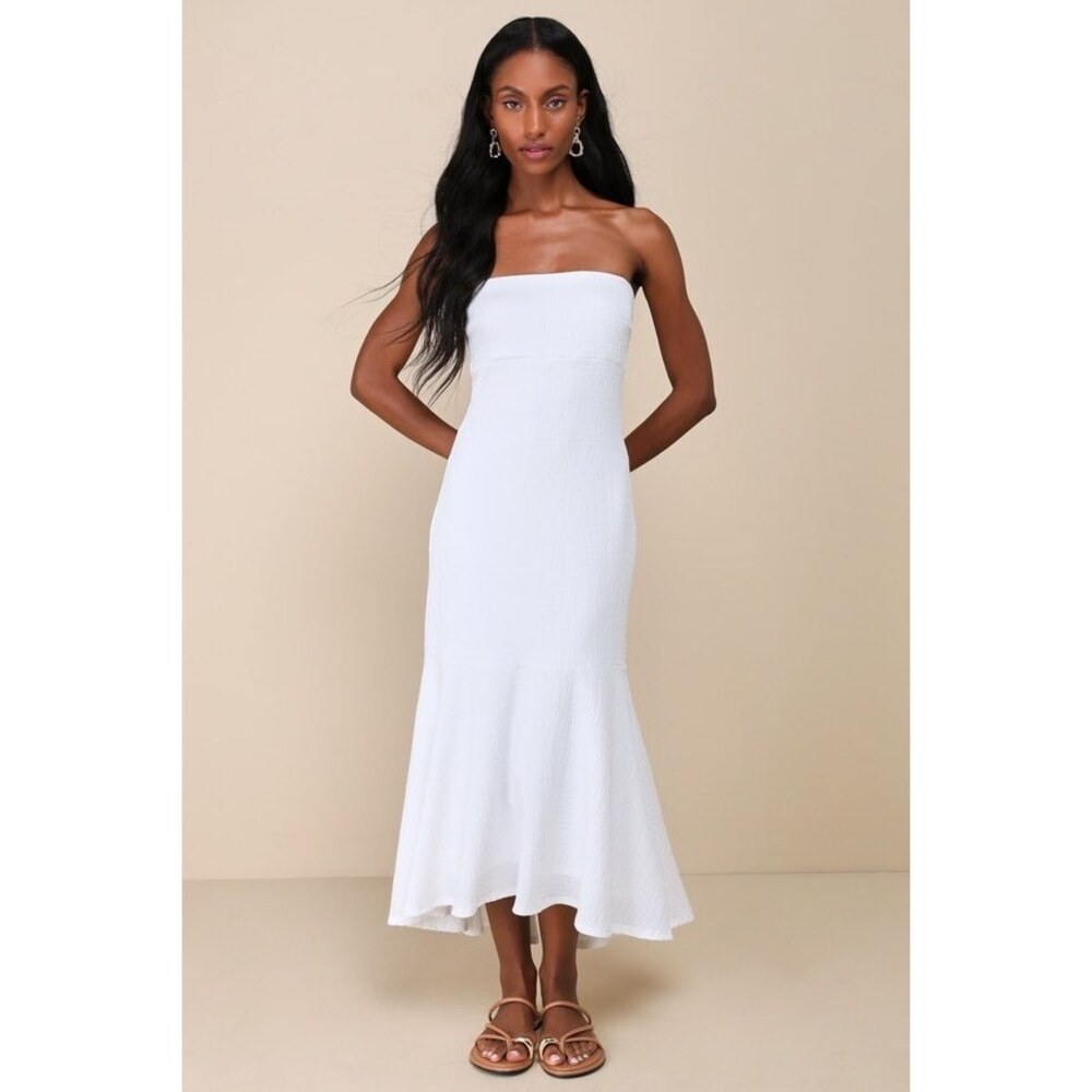 Lulus Darling Ways White Textured Strapless Midi Dress - Size L